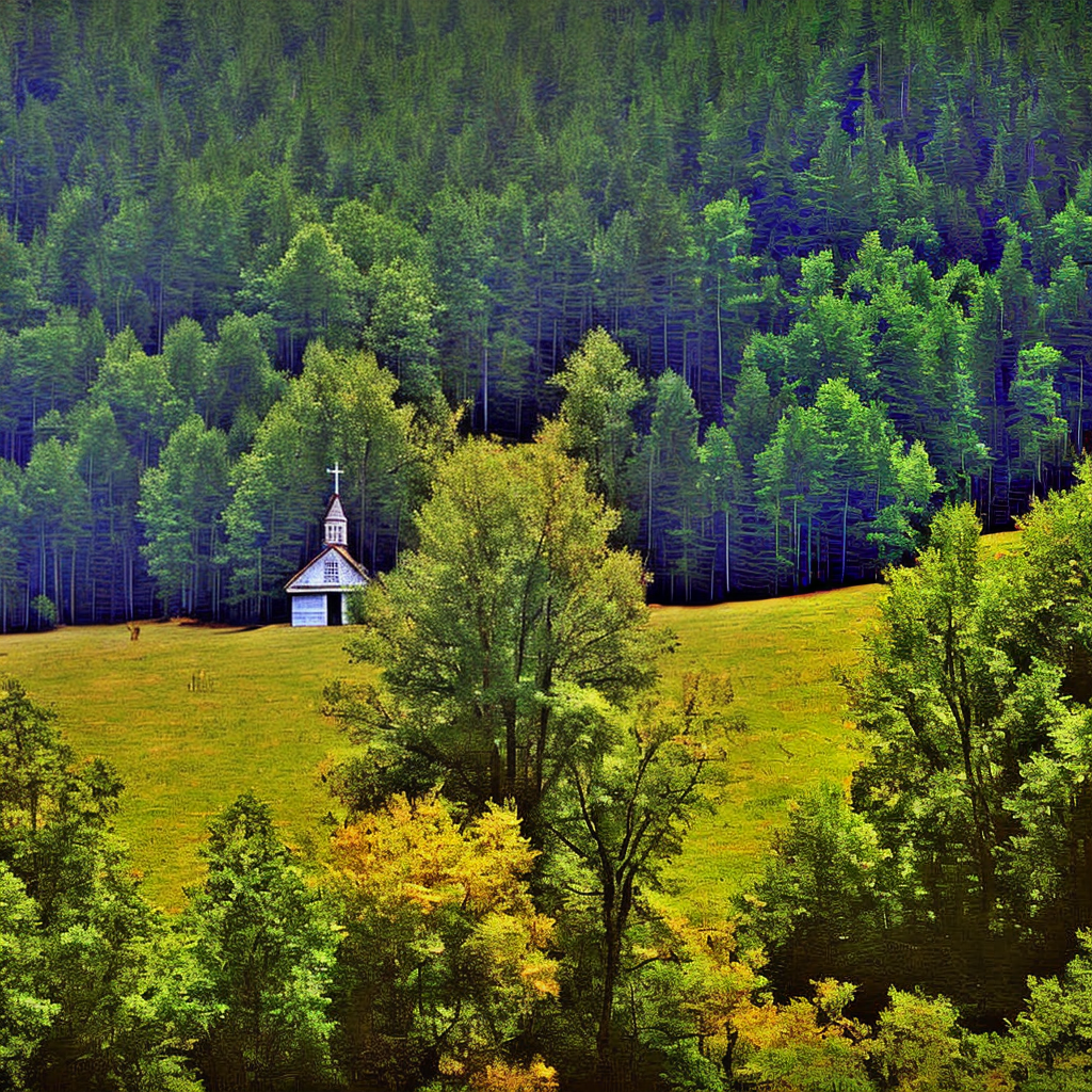 Prompt Wooded mountain landscape with little church photograph